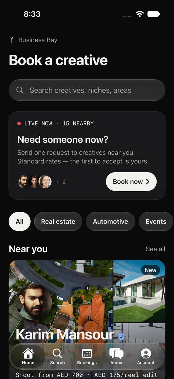 The Obsko app home screen: book a creative near you, with live availability and creatives by niche.